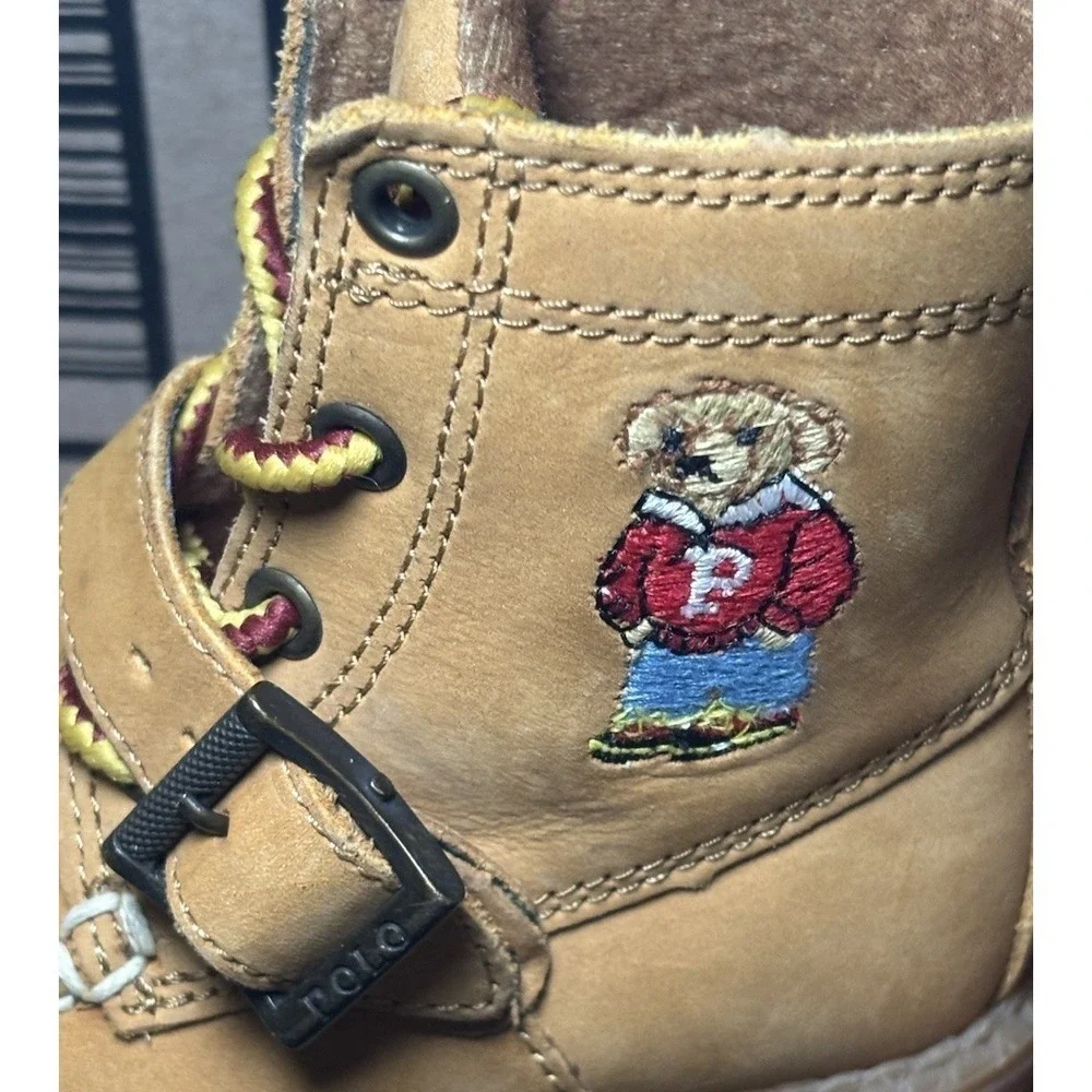 Polo Ralph Lauren Kids Leather Boots Tan Bear Patch Buckle Lace Up Toddler Sz 5